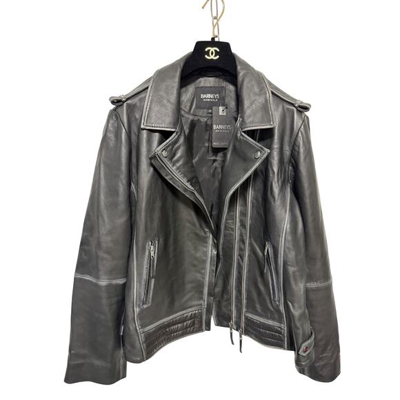 Barneys Originals Leather Jacket Womens 20 Black Biker Moto Asymmetrical Zip - Picture 1 of 16